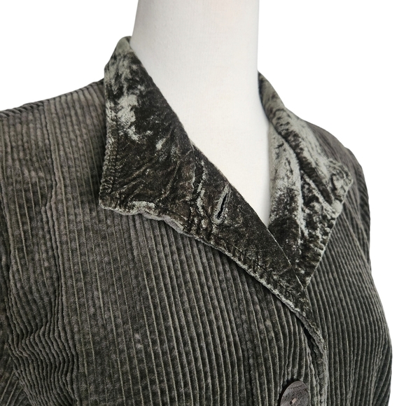 EUC J.JILL OLIVE GREEN PREPPY CORDUROY PEPLUM BACK MANDARIN COLLAR CHORE COAT LT - Picture 4 of 13